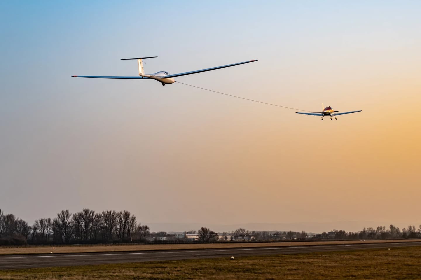 A glider under tow behind a Bristell aircraft at sunset
