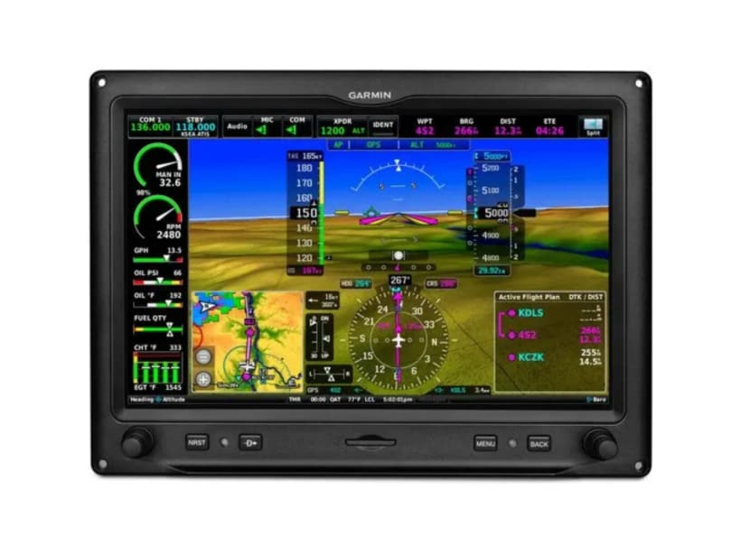 Garmin electronic backup flight display showing attitude, airspeed and altitude.