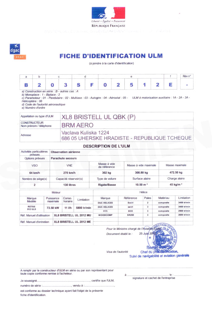 BRISTELL UL French Certificate