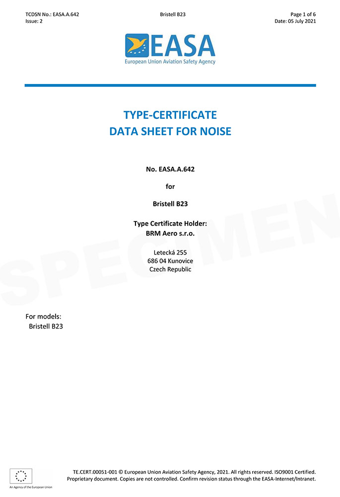 BRISTELL B23 Type Certificate data sheet for noise