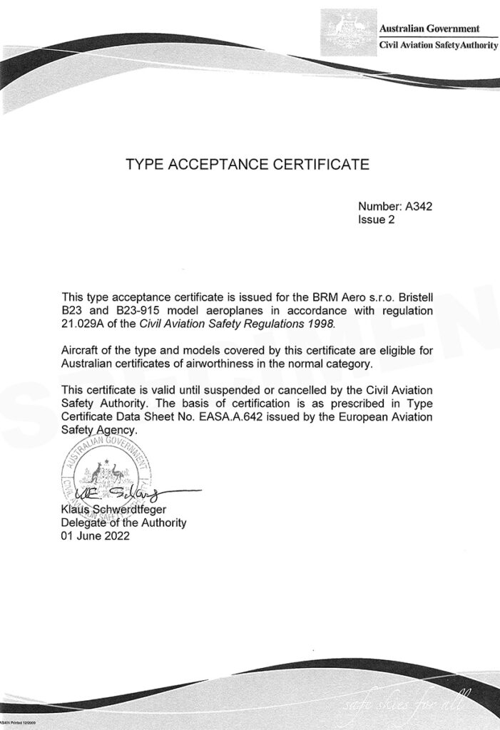 BRISTELL B23 Australian Certificate